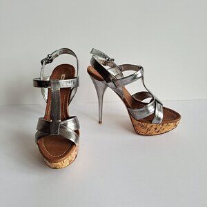 New Miu Miu Metallic Silver Leather Sandals Heels Size 36.5 US 6.5
